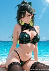1girl ahoge ai_generated arm_support bangs bare_shoulders beach bikini black_hair black_thighhighs blue_sky blush bow breasts cleavage closed_mouth day earrings female_rover_(wuthering_waves) green_bikini hair_bow hair_ornament highleg highleg_bikini jewelry kermixx lens_flare long_hair looking_at_viewer medium_breasts mole multicolored_hair navel ocean outdoors ponytail shiny shiny_skin sitting skindentation sky smile solo stomach swimsuit thighhighs thighs two-tone_hair water wet wuthering_waves x_hair_ornament yellow_eyes