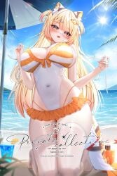 1girl 1girls animal_ears beach big_breasts blonde_hair blue_sky breasts busty cat_ears cleavage curvy ebiko_(vtuber) female frilled_one-piece_swimsuit frills highres indie_virtual_youtuber large_breasts long_hair looking_at_viewer multicolored_hair one-piece_swimsuit open_mouth orange_eyes orange_one-piece_swimsuit outdoors sand shrimp_girl shrimp_tail sky solo striped_clothes striped_one-piece_swimsuit swimsuit thick_thighs thighhighs thighs tits virtual_youtuber vtuber water white_one-piece_swimsuit white_thighhighs