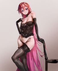 1girl 1girls absurdres bare_shoulders black_corset black_gloves black_panties black_thighhighs blush breasts chair cleavage corset earrings elbow_gloves female gloves gradient_hair hair_between_eyes highres jewelry long_hair looking_at_viewer medium_breasts mn374390 multicolored_hair orange_hair panties phase_connect pink_hair purple_eyes runie_ruse snake_earrings solo standing thighhighs thighs tits underwear virtual_youtuber vtuber