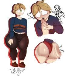 1boy ass belly_button big_ass big_penis blonde_hair blowjob blush clothed curvy cute drooling femboy green_hair licking licking_penis male male_only original_character pale_skin penis sfgbhh slapping_butt solo thick_thighs underwear voluptuous