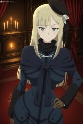 1girl ai_generated black_headwear blonde_hair blue_dress blue_jacket blue_scarf blush breasts brown_gloves candle closed_mouth digitalwaifugallery dress fate_(series) flower gloves green_eyes hair_flower hair_ornament hand_on_own_hip hat hi_res high_quality high_resolution indoors long_hair long_sleeves looking_at_viewer patreon reines_el-melloi_archisorte scarf seductive sexy smile solo tilted_headwear uncensored watermark