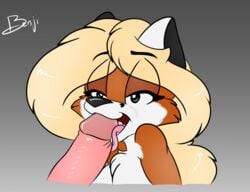 2016 benji-fox big_penis blonde_hair canine celine_foxx cum cum_in_mouth cum_inside disembodied_penis faceless_male fellatio female fox gradient_background hair humanoid_penis licking male mammal oral penis sex signature simple_background tongue tongue_out