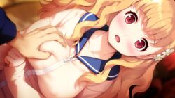 blonde_hair blush breast_grab breasts collarbone embarrassed eyebrows eyebrows_visible_through_hair female flower game_cg groping hair_flower hair_ornament hamashima_shigeo highres large_breasts long_hair long_sleeves looking_at_viewer momozono_moka parted_lips pov red_eyes school_uniform shinsou_noise solo_focus standing surprised tears upper_body zipper