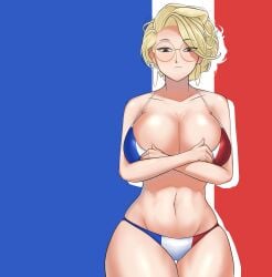 1girls big_breasts bikini blonde_hair blue_eyes blush breasts busty child_bearing_hips cleavage crossed_arms earrings female female_only flag_print flag_print_bikini france french_flag french_flag_bikini french_flag_print glasses half-closed_eyes highres jewelry large_breasts legs looking_at_viewer navel original pose posing print_bikini seductive seductive_look seductive_smile sensual sexy sexy_pose short_hair smile solo swimsuit thick_thighs thighs thong toned wide_hips world_cup