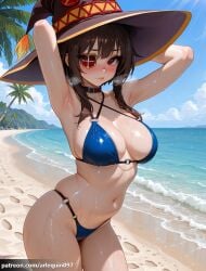 1girl ai_generated alternate_breast_size arlequin097 armpits arms_behind_head arms_up beach bikini blue_bikini blush breasts brown_choker brown_hair brown_headwear choker cleavage closed_mouth cloud cowboy_shot criss-cross_halter day eyepatch footprints halterneck hat kono_subarashii_sekai_ni_shukufuku_wo! large_breasts lips looking_at_viewer megumin navel o-ring o-ring_bikini ocean outdoors palm_tree patreon_username presenting_armpit red_eyes sand shiny_skin short_hair_with_long_locks sidelocks skindentation sky solo stomach sweat swimsuit thighs tree water wet witch_hat