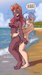 ass beach berryvapor big_breasts blue_hair breasts brown_body cocoa_(berryvapor) completely_nude feet floppy_breasts grabbing grabbing_from_behind hairy_pussy lacey_(berryvapor) naked nudist_beach pussy red_hair sagging_breasts small_breasts thighs