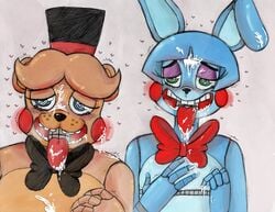 <3_eyes 2015 animatronic anthro bear blush bow_tie buckteeth cum cum_covered cum_in_mouth cum_inside cum_on_body cum_on_chest cum_on_face cum_on_hand cum_on_tongue duo five_nights_at_freddy's five_nights_at_freddy's_2 half-closed_eyes hat heart inkyfrog lagomorph looking_at_viewer looking_pleasured machine male mammal messy open_mouth open_smile rabbit robot simple_background smile teeth tongue tongue_out top_hat toy_bonnie_(fnaf) toy_freddy_(fnaf) traditional_media_(artwork) video_games white_background