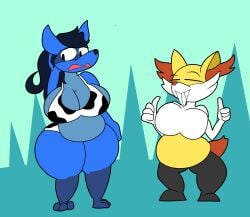 big_breasts braixen breasts chubby cleavage cow_print female furry huge_breasts lucario pokemon pokemon_(species) tagme teaset_haliley thick_thighs wide_hips