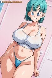 1girl 1girls ai_generated ass ass_focus breasts bulma_(dragon_ball) bulma_briefs curvy curvy_figure dragon_ball dragon_ball_super dragon_ball_z female female_focus hair huge_breasts light-skinned_female long_hair mature_female seductive seductive_pose short_hair smile sweat thick_thighs thighs thong underwear zadbhell