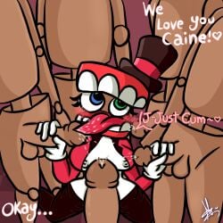 blue_eye blushing caine_(the_amazing_digital_circus) cum cumming english english_text gangbang gloves grabbing_penis green_eye lewd_starr looking_at_viewer npc r63 rule_63 tadc the_amazing_digital_circus tongue tongue_out