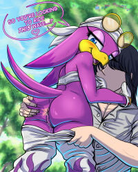 1boy 1girls 4:5 anthro anus avian biped bird bottomwear bottomwear_down breasts butt clothed clothing dialogue docsye duo eyelashes female genitals hi_res hirundinid human human_on_anthro interspecies mammal oscine pants pants_down partially_clothed passerine pupils purple_body sega smile sonic_riders sonic_the_hedgehog_(series) speech_bubble swallow_(bird) text undressing vulva wave_the_swallow wet_pussy