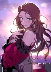 1girls absurdres blush bow breast_press breasts brown_hair crying dorothea_arnault dorothea_arnault_(timeskip) dress earrings fire_emblem fire_emblem:_three_houses frilled_dress frilled_sleeves frills green_eyes happy happy_tears highres jewelry large_breasts long_hair long_sleeves looking_at_viewer nintendo open_mouth scene_reference senri_gan smile solo tears