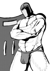 1boy 2026 bulge bulge_through_clothing crossed_arms enforcer_(risk_of_rain) helmet hi_res male male_only monochrome muscular muscular_male risk_of_rain risk_of_rain_returns shield solo standing underwear