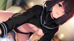 1boy 1girls bangs black_hair black_panties black_serafuku blue_eyes blush breast_grab breasts bulge cowgirl_position female game_cg grabbing hamashima_shigeo looking_at_viewer medium_breasts mole mole_under_eye navel nipples no_bra open_clothes open_shirt panties parted_lips pointy_chin pov school_uniform seductive_smile serafuku shinsou_noise shirt short_hair smile solo_focus underwear yukimoto_sakura