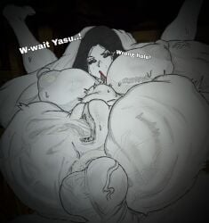 1boy 1girl ahegao anal anal_penetration big_balls creampie cum_drip cum_in_ass cum_overflow deep_anal drooling excessive_cum explicit folded ghostfacik glistening_skin huge_ass huge_breasts huge_penis legs_held legs_up lineart monochrome nelson_position rolling_eyes sama_(the_mimic) sketch squirt sweat sweaty tongue_out traditional_media wet_pussy yasu_masashige
