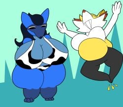 big_breasts braixen breast_expansion breasts chubby cleavage cow_print expansion female furry hourglass_expansion huge_breasts hyper_breasts lucario pokemon pokemon_(species) tagme teaset_haliley thick_thighs wide_hips