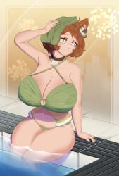 1girl 1girls absurdres ahoge animal_ear_fluff animal_ears big_breasts breasts brown_hair choker cleavage closed_mouth curvy dog_girl fat_tits female flower green_eyes green_one-piece_swimsuit hair_flower hair_ornament highres huge_breasts indie_virtual_youtuber looking_to_the_side massive_breasts mint_castella one-piece_swimsuit plump pool sitting smile solo stomach swimsuit thick thick_thighs thighs towel virtual_youtuber vtuber water