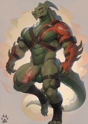 abs ai_generated big_penis erection fortnite green_body hybrid_(fortnite) male male_only muscular muscular_male pecs penis precum scalie smirk solo thick_penis yellow_eyes yiffinar