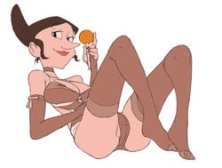 breasts brown_hair disney disney_channel disney_xd female lingerie lipstick looking_to_the_side milo_murphy's_law mrs._murawski no_shoes panties partially_visible_vulva pointy_chin see-through simple_background splooge_(artist) stockings sucker white_background