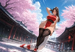1girl ai_assisted ai_generated architecture bangs bare_shoulders black_legwear blue_sky breasts brown_eyes brown_hair cherry_blossoms china_dress chinese_clothes curvaceous curvy curvy_female curvy_figure day dress east_asian_architecture fatal_fury female full_body high_ponytail huge_breasts long_hair looking_at_viewer mai_shiranui miyuai pelvic_curtain petals ponytail red_dress red_footwear sky sleeveless smile solo standing the_king_of_fighters thick thick_ass thick_butt thick_hips thick_legs thick_thighs thighhighs thighs tree voluptuous voluptuous_female wide_hips wide_thighs