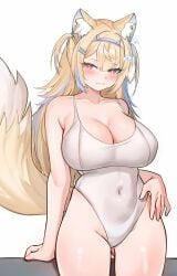 absurd_res animal_humanoid belly big_breasts blonde_hair blue_highlights blush breasts clothing collarbone female fuwawa_abyssgard hair hi_res highlights_(coloring) hololive hololive_en humanoid navel_outline nipple_outline one-piece_swimsuit pingun pink_eyes simple_background solo swimwear thick_thighs vtuber white_background white_clothing white_swimwear wide_hips