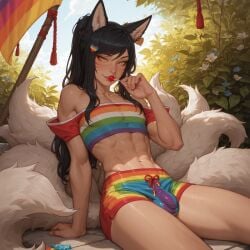 1boy ahri ai_generated black_hair bulge civitai erikochan femboy fox_ears fox_tails genderswap league_of_legends lollipop long_hair looking_at_viewer male_ahri more_at_source ponytail rainbow_pride_colors self_upload sitting slit_pupils solo toned trap uncensored yellow_eyes