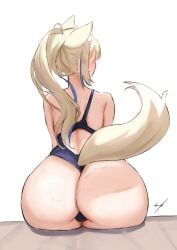 animal_humanoid big_butt blonde_hair blue_clothing blue_highlights blue_swimwear bodily_fluids butt butt_focus clothing erroz female fuwawa_abyssgard hair hi_res highlights_(coloring) hololive hololive_en humanoid looking_away one-piece_swimsuit signature simple_background sitting solo sweat swimwear tail vtuber white_background yellow_tail