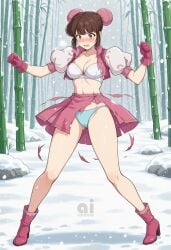 ai_assisted ai_couture ai_generated ankle_boots bamboo bamboo_forest blue_panties blush brown_eyes brown_hair bun_cover buns deadly_arts embarrassed exposed_underwear female female_only gloves hair_buns high_heel_boots konami short_hair snow surprised torn_clothes white_bra