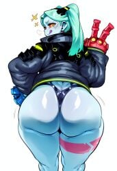 1girl 2026 2d :q absurd_res absurd_resolution absurdres ai_generated artificial_eye ass ass_focus black_jacket black_panties blue_skin colored_sclera colored_skin cyberpunk:_edgerunners cyberpunk_(series) cyberpunk_2077 cyborg from_behind green_eyes green_hair headgear hi_res high_quality high_resolution highres huge_ass ichislop image jacket leg_tattoo licking_lips long_hair looking_at_viewer looking_back mechanical_eye mechanical_hands neck_tattoo panties rebecca_(cyberpunk) red_sclera simple_background smile solo tattoo thick_thighs thighs thong tongue tongue_out twintails uncensured underwear v white_background