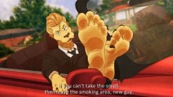 3rdharleyjoe anthro beastars crossed_feet feet foot_fetish free_(beastars) furry lion male male_only solo solo_male text