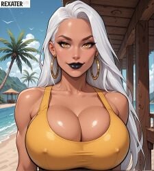 1girl ai_generated artist_name bare_shoulders beach bimbo bird black_lips blue_sky breasts brown_eyes brown_lips cleavage cloud collarbone covered_nipples dark-skinned_female dark_skin day earrings eyelashes forehead hoop_earrings huge_breasts jewelry large_breasts lips lipstick long_hair looking_at_viewer makeup ocean outdoors palm_tree rexater shiny_skin sky smile solo sports_bra tank_top taut_clothes tree upper_body water white_hair yellow_eyes