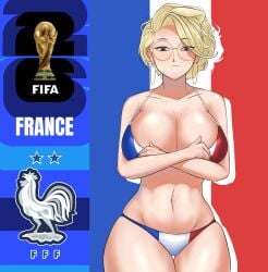 1girls big_breasts bikini blonde_hair blue_eyes blush breasts busty child_bearing_hips cleavage crossed_arms earrings female female_only flag_print flag_print_bikini france french_flag french_flag_bikini french_flag_print glasses half-closed_eyes highres jewelry large_breasts legs looking_at_viewer navel original pose posing print_bikini seductive seductive_look seductive_smile sensual sexy sexy_pose short_hair smile solo swimsuit thick_thighs thighs thong toned wide_hips world_cup