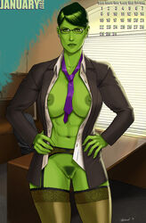 1girls avengers bare_shoulders belly breasts business_suit business_woman female female_only garter_straps glasses green_eyes green_hair green_skin high_resolution hips huge_breasts hulk_(series) large_breasts legs lingerie long_hair marvel marvel_comics megane navel necktie nipples office_lady pubic_hair pussy she-hulk solo standing stockings strap straps tagme thighhighs thighs tie vagina zakuman