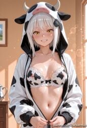 1girl ai_generated animal_ears animal_print bangs blurry blush bra breasts collarbone cow_ears cow_horns cow_print fake_animal_ears grin high_school_dxd hood horns indoors kermixx koneko_toujou lace-trimmed_bra long_sleeves looking_at_viewer medium_breasts navel nipples see-through short_hair smile solo sweat underwear unzipping upper_body white_bra white_hair yellow_eyes zipper