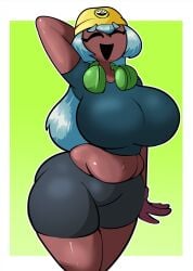 adorable belly_button black_eyes blue_hair brown_body captain_dagon closed_eyes clothed color curvy cute dolly_dimpley female_only hand_behind_head hands_on_hips happy_female headphones hi_res huge_ass huge_breasts long_hair sexy_body sexy_pose shorts smiling_at_viewer smiling_friends solo_female thick_thighs tight_clothing topwear voluptuous_female wasp_waist white_sclera wide_hips