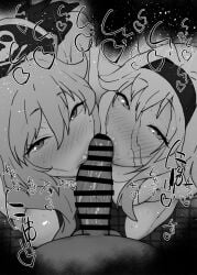 1boy 2girls :>= anne_bonny_(swimsuit_archer)_(fate) big_penis black_and_white blowjob blush breasts censored dark-skinned_female dark-skinned_male dark_skin detailed_background dress drooling eyelashes fate/grand_order fate_(series) fellatio female hat headband heart human indoor inside kurotama long_hair looking_at_viewer maid male male_pov mary_read_(swimsuit_archer)_(fate) oral oral_sex penis pirate_girl pirate_hat room saliva scar shiny shiny_skin short_hair sketch small_breasts sound_effects squatting sweat text vein veins veiny veiny_penis