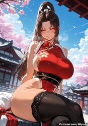 1girl ai_assisted ai_generated architecture areola_slip areolae bangs bare_shoulders black_hair black_legwear blue_sky blush breasts brown_hair cherry_blossoms china_dress chinese_clothes covered_nipples crossed_legs curvaceous curvy curvy_female curvy_figure dress east_asian_architecture fatal_fury female huge_breasts long_hair looking_at_viewer mai_shiranui miyuai parted_bangs petals ponytail red_dress red_eyes shrine sitting sky smile solo the_king_of_fighters thick thick_ass thick_butt thick_hips thick_legs thick_thighs thighhighs thighs tree_branch voluptuous voluptuous_female wide_hips wide_thighs