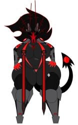 3_eyes big_breasts big_thighs bikini black_body blood_in_mouth blood_stain cybernetics cyborg demon demon_tail holidaygirl huge_breasts huge_thighs looking_at_viewer prosthetic_arm prosthetic_leg prosthetic_limb red_face skull_head sling_bikini spade_tail