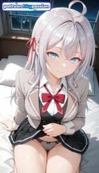 1girls 2026 ai_assisted ai_generated alisa_mikhailovna_kujou anime bed bed_sheet bedroom clothes_lift hi_res high_quality high_resolution highres on_bed panties patreon patreon_username pillow ribbon sitting_on_bed skirt skirt_lift skypassion stable_diffusion tokidoki_bosotto_russian_de_dereru_tonari_no_alya-san underwear watermark window
