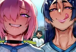 1boy 2026 2d 2girls :q absurd_res absurd_resolution absurdres ai_generated alternate_costume black_choker black_hair blush choker collarbone english_text fate/grand_order fate_(series) fujimaru_ritsuka_(male) grin gym_uniform hair_over_one_eye heart heart-shaped_pupils heavy_breathing hi_res high_quality high_resolution highres ichislop image licking_lips long_hair looking_at_viewer mash_kyrielight meme minamoto_no_raikou_(fate) multiple_girls naughty_face open_mouth parted_bangs pink_hair purple_eyes purple_hair shirt short_hair smile sportswear sweat symbol-shaped_pupils teeth tongue tongue_out uncensured very_long_hair white_shirt you_gonna_get_raped
