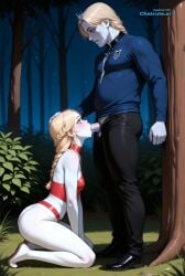 1girl ai_assisted ai_generated big_butt blonde_hair blowjob blue_shirt blush braid clothed clothing colored_skin couple deep_throat fellatio female from_side girl girly green_eyes kneeling night oral outdoors short_hair small_breasts spreading_legs squating sucking_penis white_eyes white_leggings whore younger_female