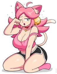 1girls artist_name bell big_breasts cat_ears cat_tail catgirl collar deltarune deltarune_chapter_5 heart_collar long_hair looking_at_viewer mad_mew_mew messy_hair pink_hair rubbing_eye shaded shadow shorts simple_background sketchfins socks tanktop teary_eyes thick_thighs undertale waking_up