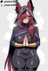 1girl ai_generated animal_ear_fluff animal_ears artist_name black_bodysuit blush bodysuit breasts cape cloak closed_mouth clothing covered_navel cowboy_shot ears_through_headwear female grey_background hair_over_one_eye hood hood_up hooded_cape huge_breasts jennieart02 large_breasts long_hair looking_to_the_side orange_eyes own_hands_clasped own_hands_together patreon patreon_logo patreon_username praying red_hair simple_background skin_tight skindentation solo standing sweat thick_thighs thigh_strap thighs twitter twitter_username watermark xayah yellow_eyes