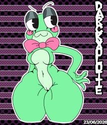 amphibian antennae anthro blush bow breasts curvy female frog green_body green_skin highres huge_ass huge_breasts large_eyes looking_at_viewer naked nude pink_bow polka_dot ribbit simple_background smile solo standing striped_background the_amazing_digital_circus thick_thighs wide_hips