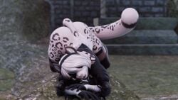 2b_(nier:automata) animated anthro big_ass big_cat blender blindfold face_down_ass_up furry mayosplash_(modeler) snow_leopard swaying_ass swaying_hips white_hair