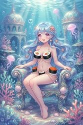 1girl ai_generated aquaphilia bikini blue_hair blush earrings female food food_on_body hair_ornament looking_at_viewer ocean open_mouth original purple_eyes sea smile smiling_at_viewer solo sushi underwater wavy_hair