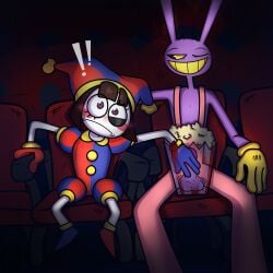 blush blushing bunny_boy chains clown_girl gloves jax_(the_amazing_digital_circus) lighting movie_theater penis pomni_(the_amazing_digital_circus) popcorn popcorn_bucket surprised surprised_expression touching_penis