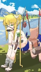 1girls all_fours artoria_pendragon artoria_pendragon_(lancer) bit_gag blonde_female blonde_hair bondage bone_hair_ornament captured captured_heroine clothed defeated defeated_heroine degradation dirty enemy_conversion fate/grand_order fate_(series) female female_only femsub gag green_eyes petplay pony_girl ponyplay river saddle saddle_bag sex_slave slave spear tattoo yazorok