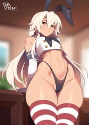 1girls blonde_female blonde_hair detached_sleeves gloves gold_eyes high-waist_panties high-waisted_thong high_waisted_thong kantai_collection looking_at_viewer looking_down matemi pale-skinned_female pale_skin shimakaze_(kantai_collection) solo solo_focus striped_legwear stripes thick_thighs thighhighs