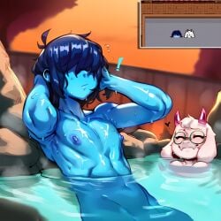 1boy 1girl 1other 2026 2d absurd_res absurd_resolution absurdres ai_generated bathing blue_hair blue_skin closed_eyes closed_mouth colored_skin deltarune fangs furry glasses goat_ears green-framed_eyewear hair_over_eyes hi_res high_quality high_resolution highres horns ichislop image kris_(deltarune) male_focus monster_boy navel nipples nude onsen partially_submerged patreon patreon_username ralsei smile uncensured water watermark wet